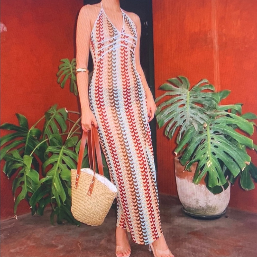 Crochet Halter Maxi Dress in Multi-Color Stripe